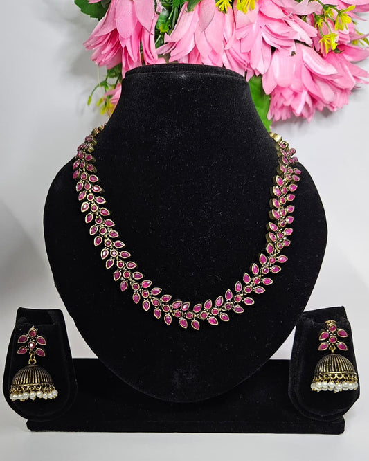 Antique Gold-Plated Floral Necklace Set with Jhumka Earrings – Ruby & Emerald Variants