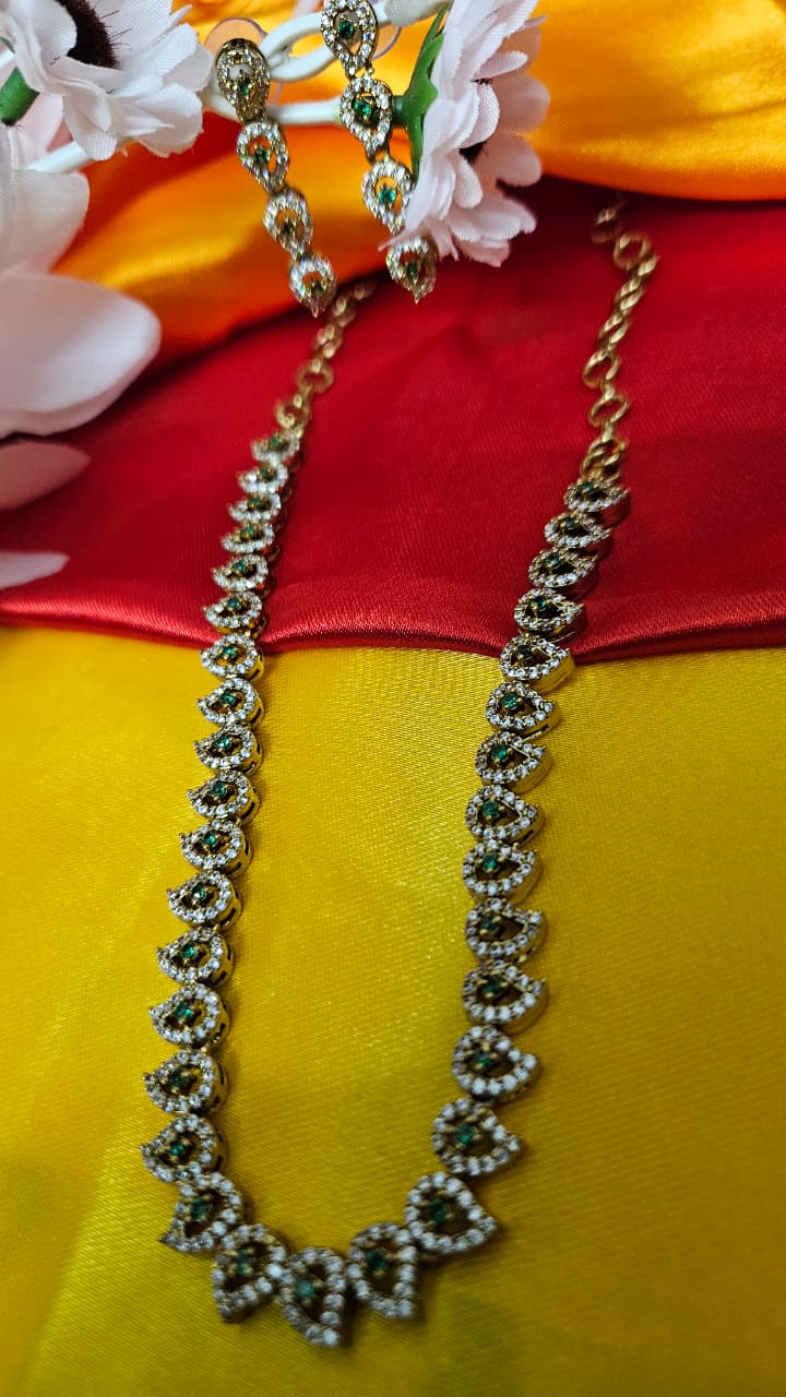 Elegant American Diamond Necklace Set – Green, Ruby Pink & Purple Variants