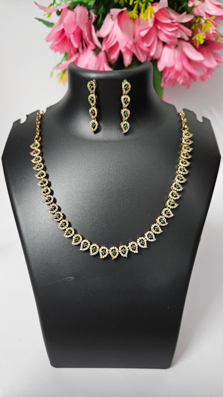 Elegant American Diamond Necklace Set – Green, Ruby Pink & Purple Variants