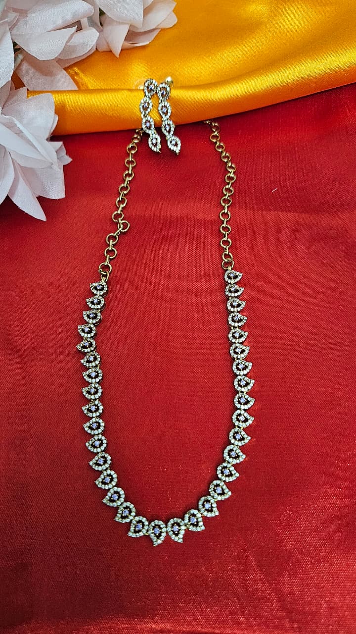 Elegant American Diamond Necklace Set – Green, Ruby Pink & Purple Variants