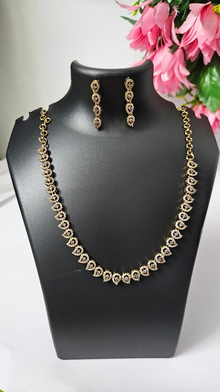 Elegant American Diamond Necklace Set – Green, Ruby Pink & Purple Variants