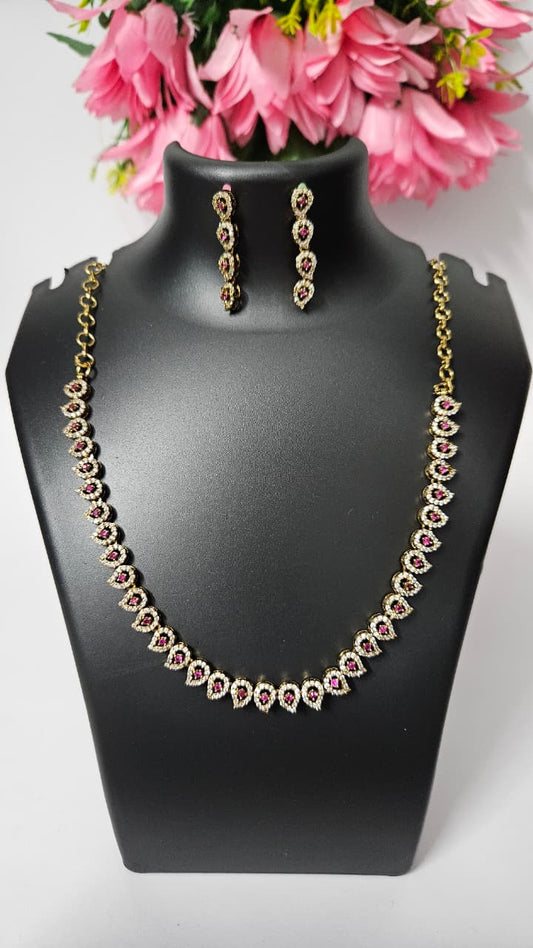 Elegant American Diamond Necklace Set – Green, Ruby Pink & Purple Variants