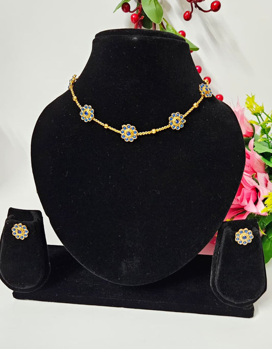 Floral Choker Necklace Set with Earrings – Blue, White, Red & Green