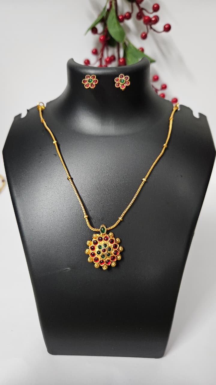 Traditional Gold-Plated Floral Necklace Set with Earrings – Green, Red, and Multicolor Options