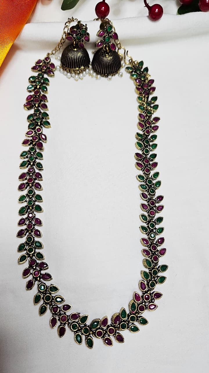 Antique Gold-Plated Floral Necklace Set with Jhumka Earrings – Ruby & Emerald Variants