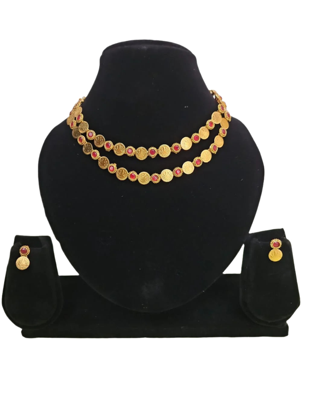 Traditional Kashimala Necklace Set with Red Stones (Double Layered)