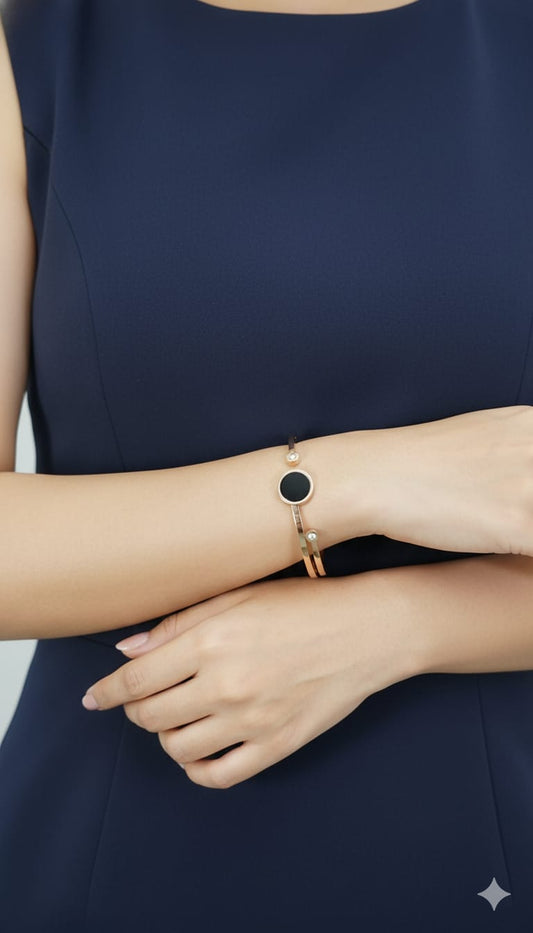 Black Enamel Round shaped Stone Anti-Tarnish Designer Bangle